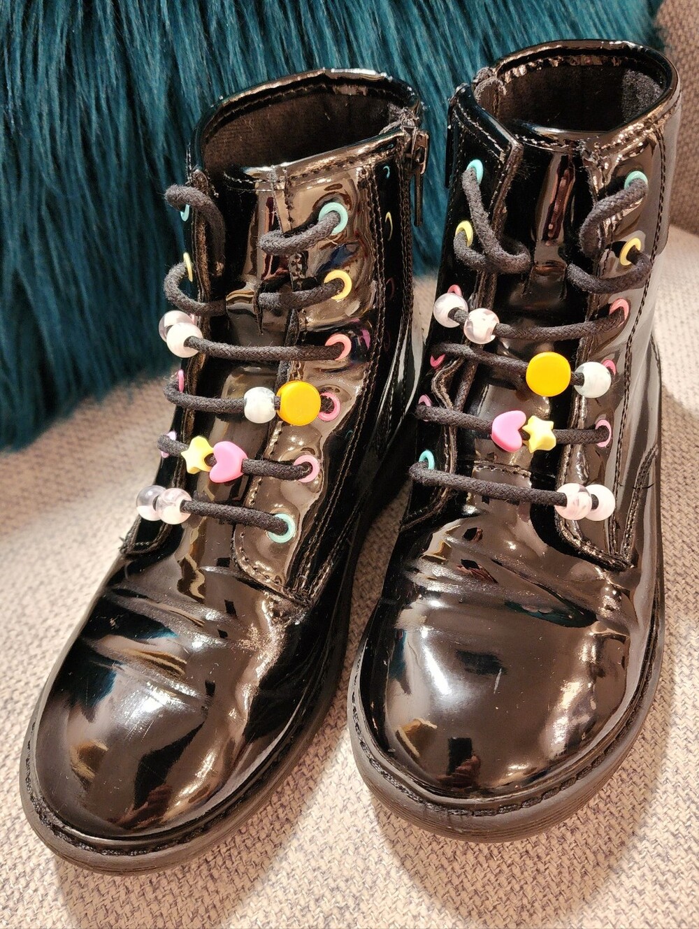 Place Black Patent Kids Lace-Up Combat Boots with Multicolor Bead Accents SZ 1